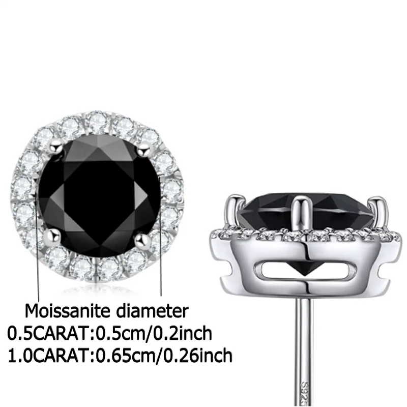 Black Halo Moissanite Stud Earrings in 925 Sterling Silver — Center-stone size guide