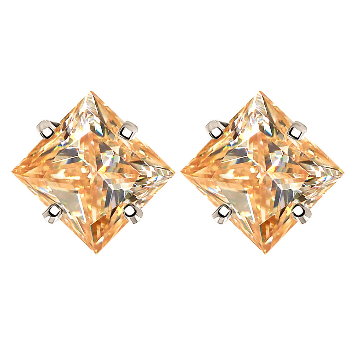 Colorful Princess-Cut Moissanite Stud Earrings in Sterling Silver — Champagne / Silver
