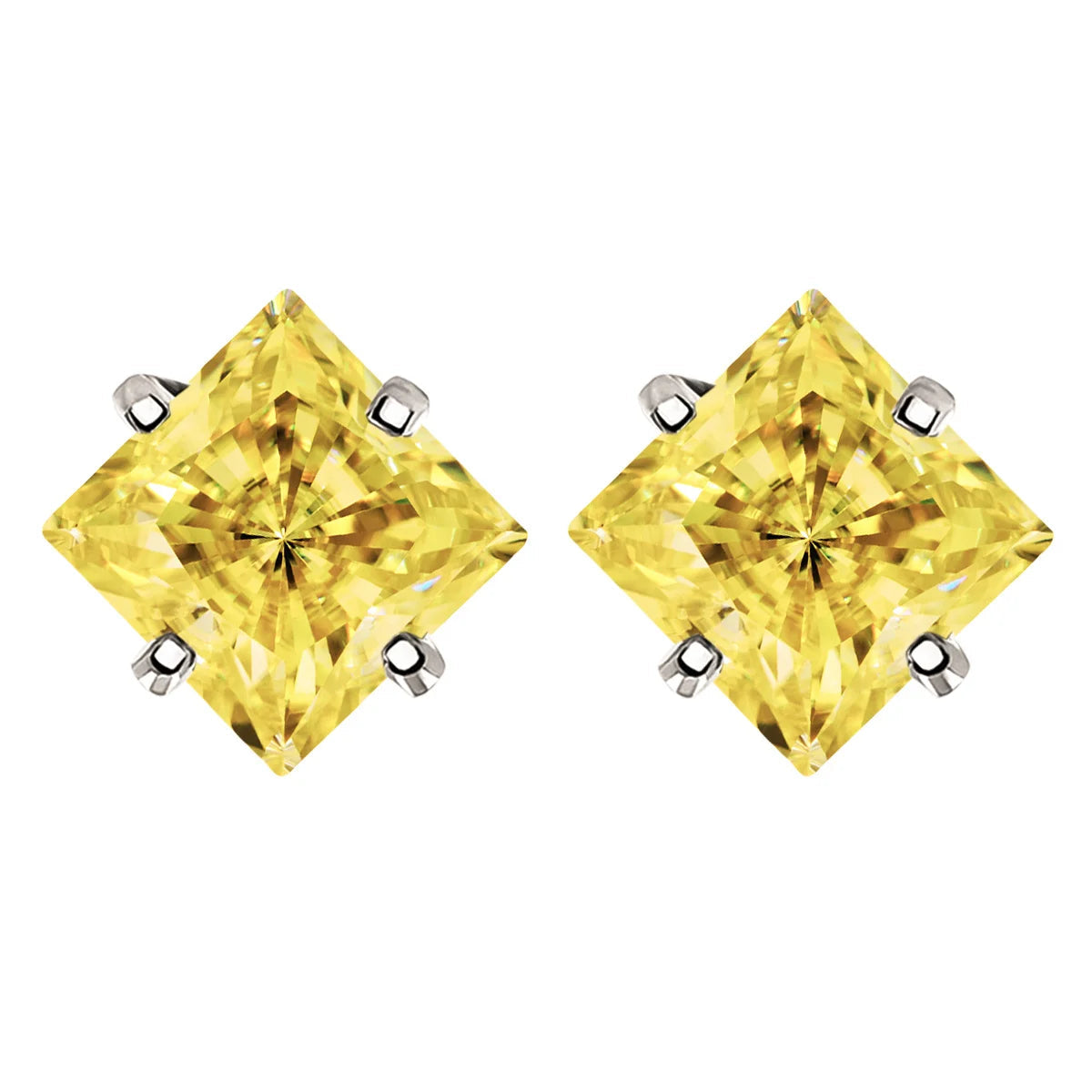 Colorful Princess-Cut Moissanite Stud Earrings in Sterling Silver — Lemon Yellow / Silver