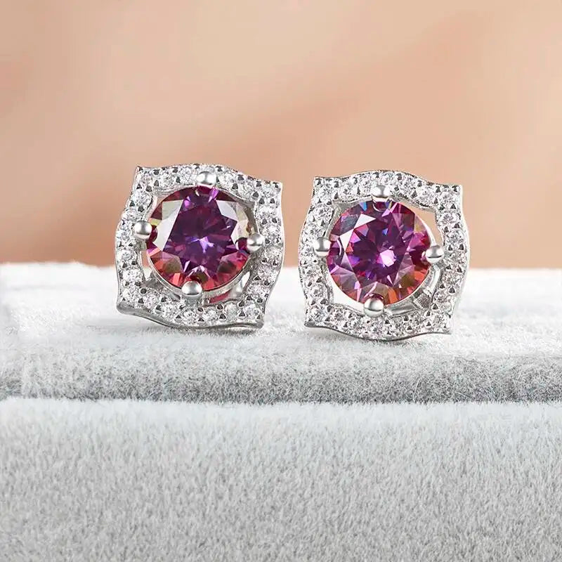 Moissanite Cushion Halo Stud Earrings in Sterling Silver — Purple studs front view — BandsCo Straps