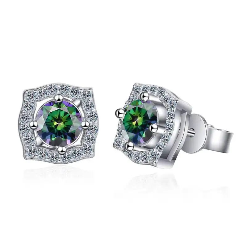 Moissanite Cushion Halo Stud Earrings in Sterling Silver — Rainbow Green — BandsCo Straps