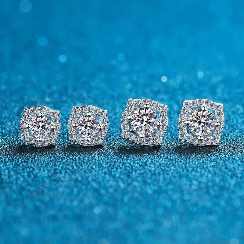 Moissanite Cushion Halo Stud Earrings in Sterling Silver — Stud size comparison — BandsCo Straps