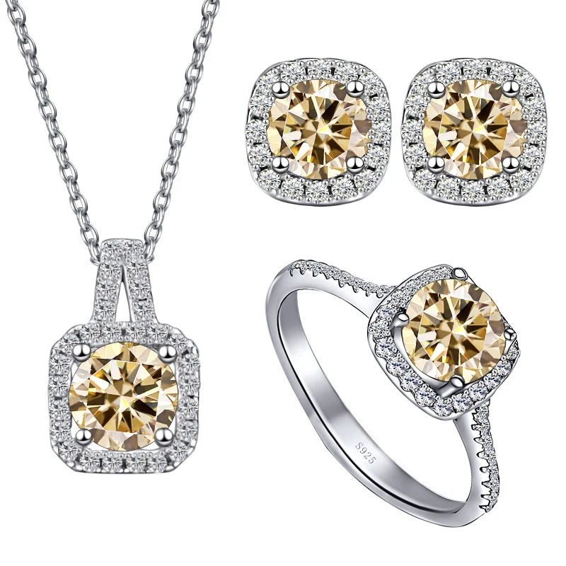 Colored Cushion Halo Moissanite Necklace, Earrings & Ring Set — Light yellow set