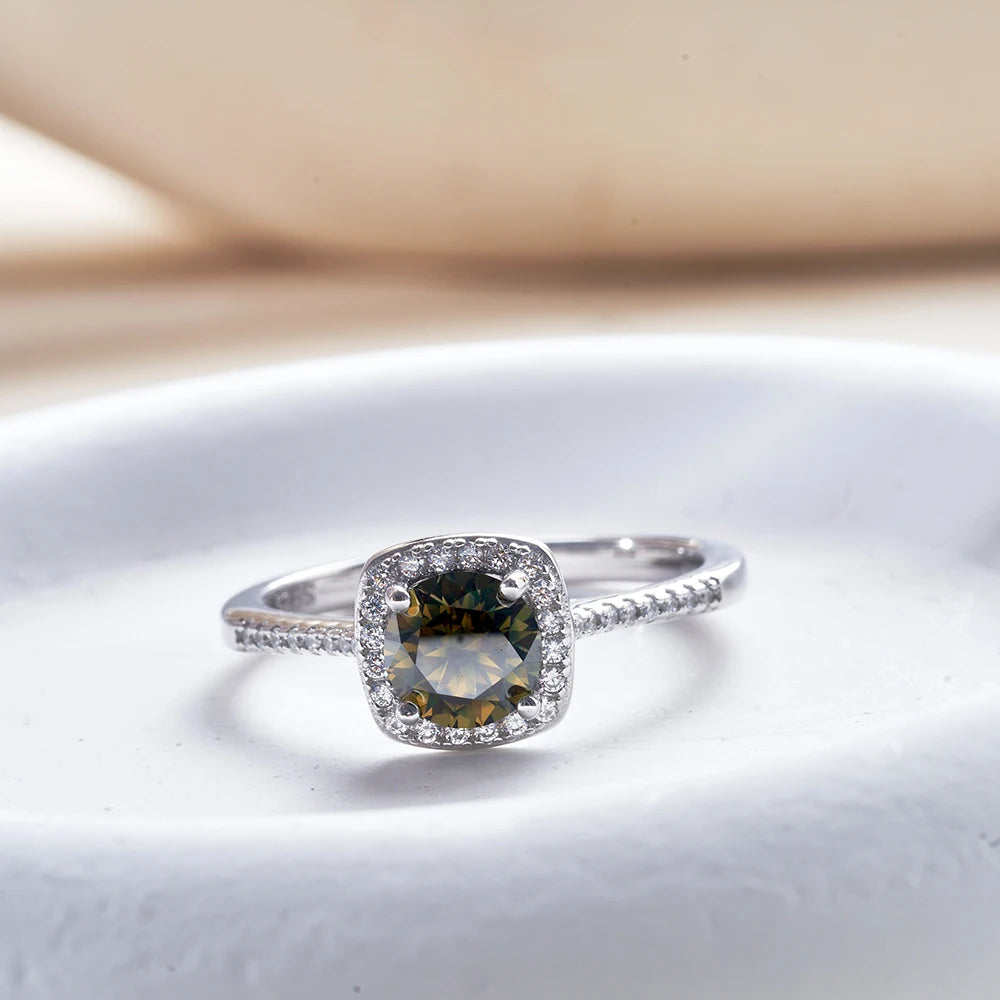 Colored Cushion Halo Moissanite Necklace, Earrings & Ring Set — Ring detail