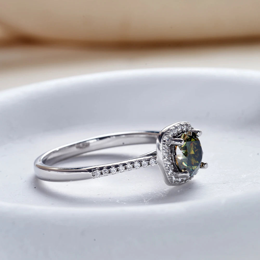 Colored Cushion Halo Moissanite Necklace, Earrings & Ring Set — Ring side view