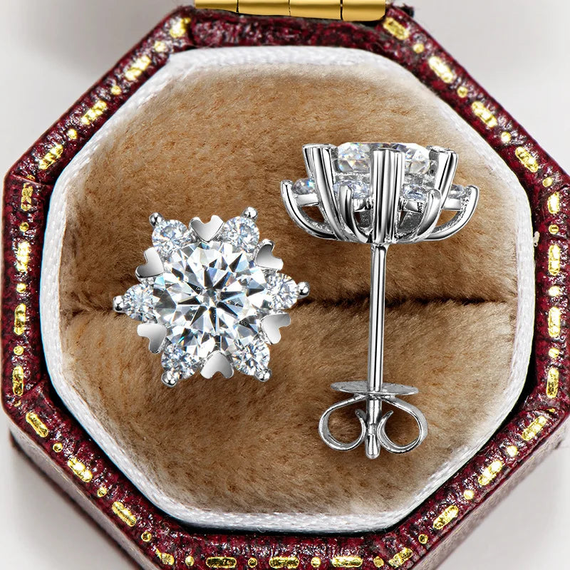 Snowflake Moissanite Stud Earrings in Sterling Silver - studs in presentation box
