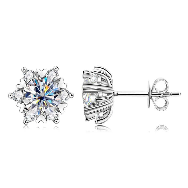 Snowflake Moissanite Stud Earrings in Sterling Silver - front and side views