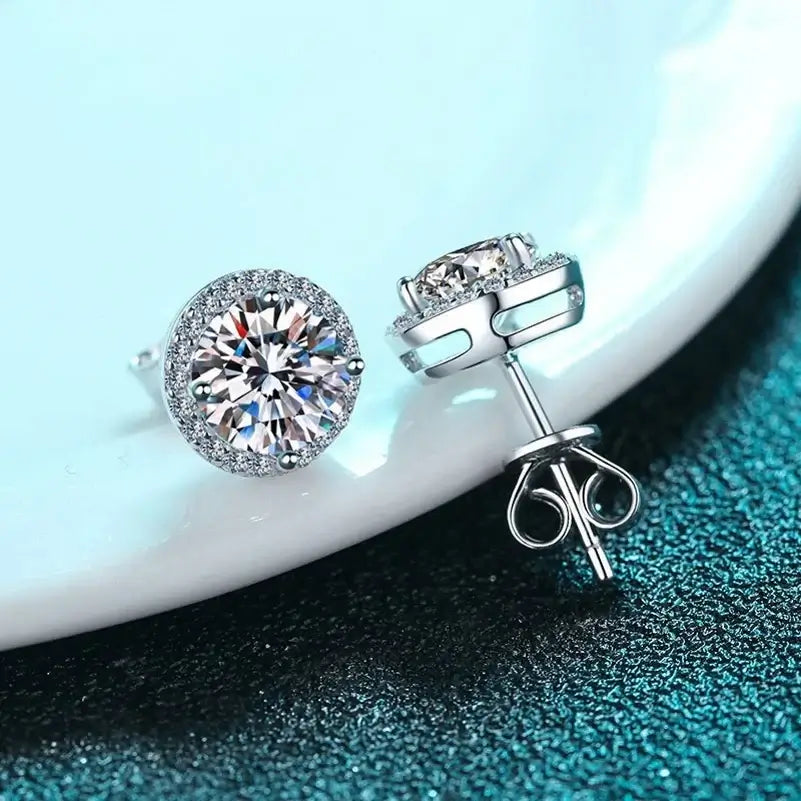Round Halo Moissanite Stud Earrings in Sterling Silver - halo basket and butterfly backs