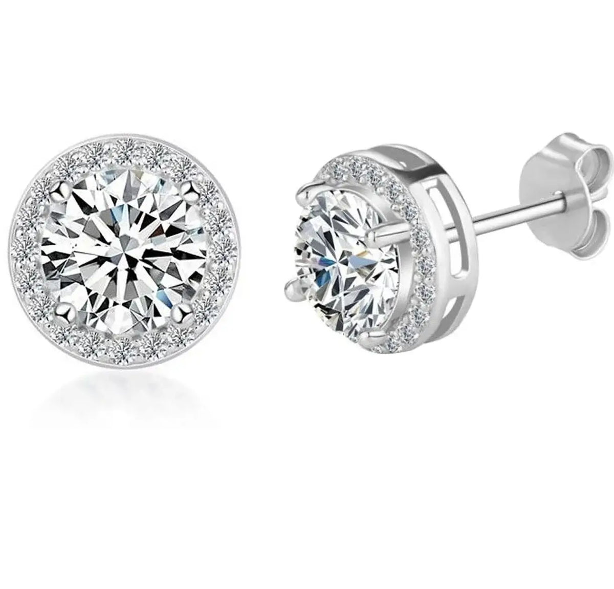 Round Halo Moissanite Stud Earrings in Sterling Silver - 2 ct option