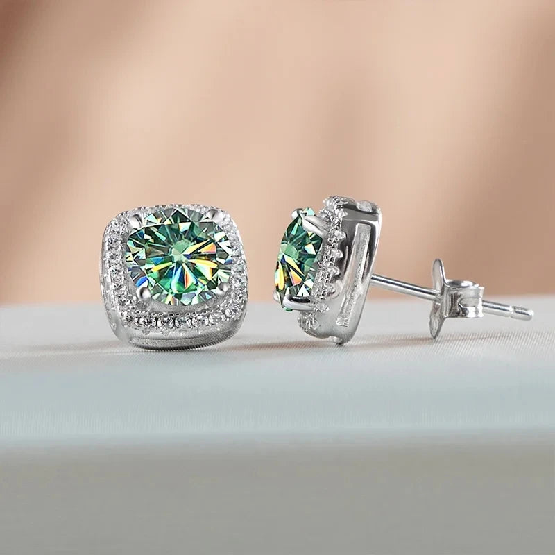 Colored Cushion Halo Moissanite Necklace, Earrings & Ring Set — Stud post detail