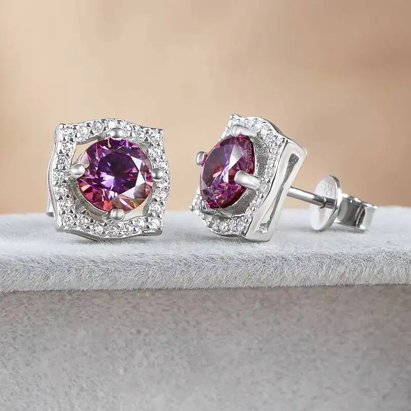 Moissanite Cushion Halo Stud Earrings in Sterling Silver — Purple cushion halo studs — BandsCo Straps