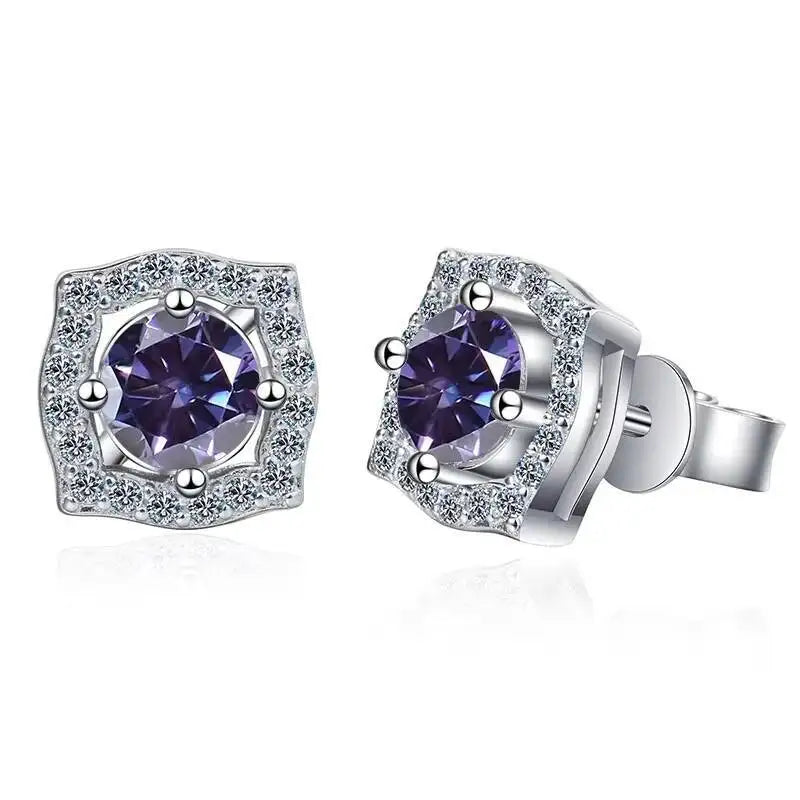Moissanite Cushion Halo Stud Earrings in Sterling Silver — Violet — BandsCo Straps