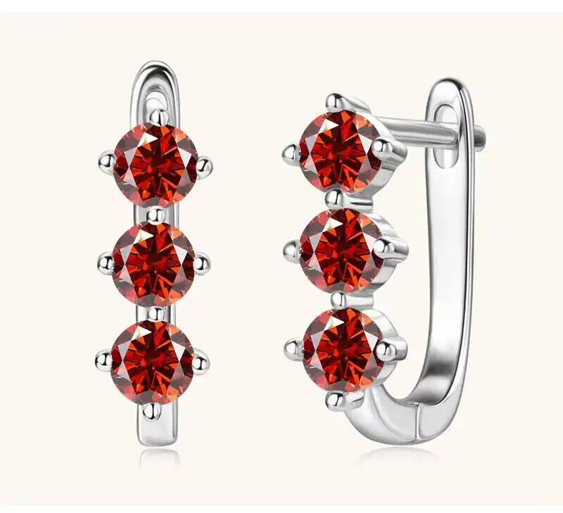 Colored Three-Stone Moissanite Hoop Earrings in Silver — Red silver pair