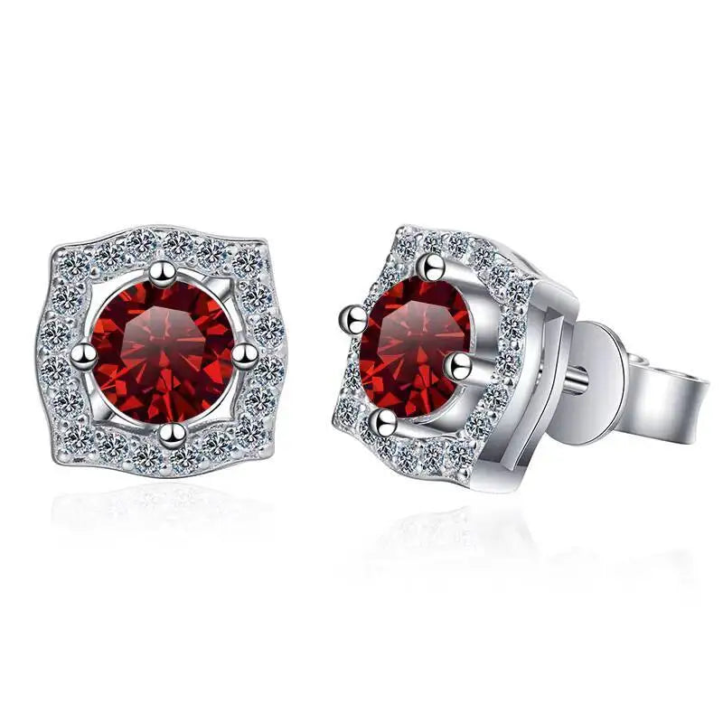 Moissanite Cushion Halo Stud Earrings in Sterling Silver — Red — BandsCo Straps