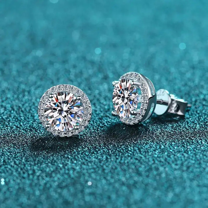 Round Halo Moissanite Stud Earrings, 0.5 to 3 Carat Each