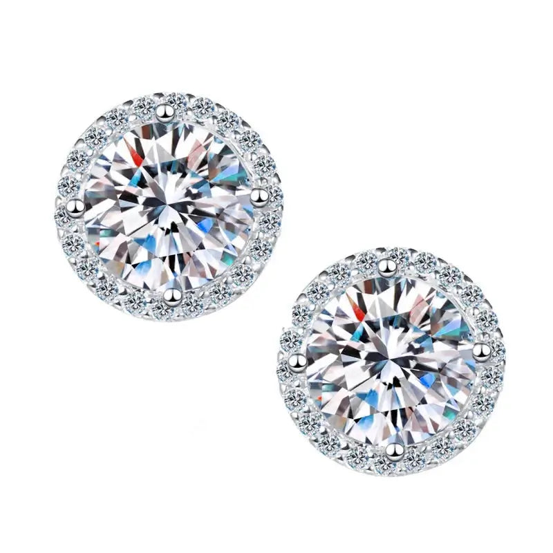 Round Halo Moissanite Stud Earrings in Sterling Silver - front view on white
