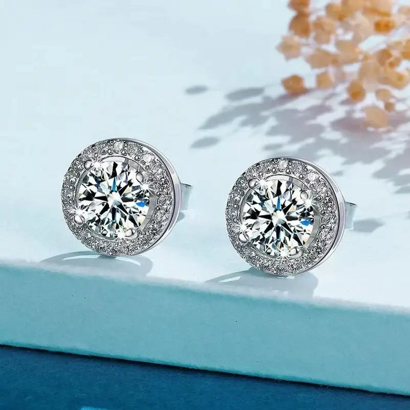 Round Halo Moissanite Stud Earrings in Sterling Silver - pair close-up