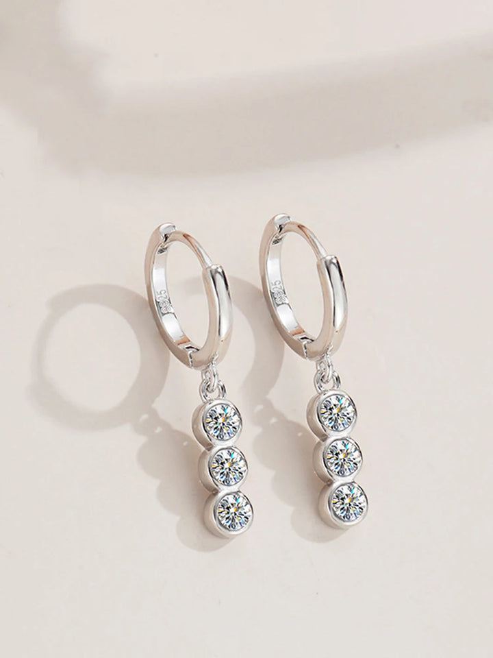 Three-Stone Moissanite Hoop Drop Earrings in Sterling Silver