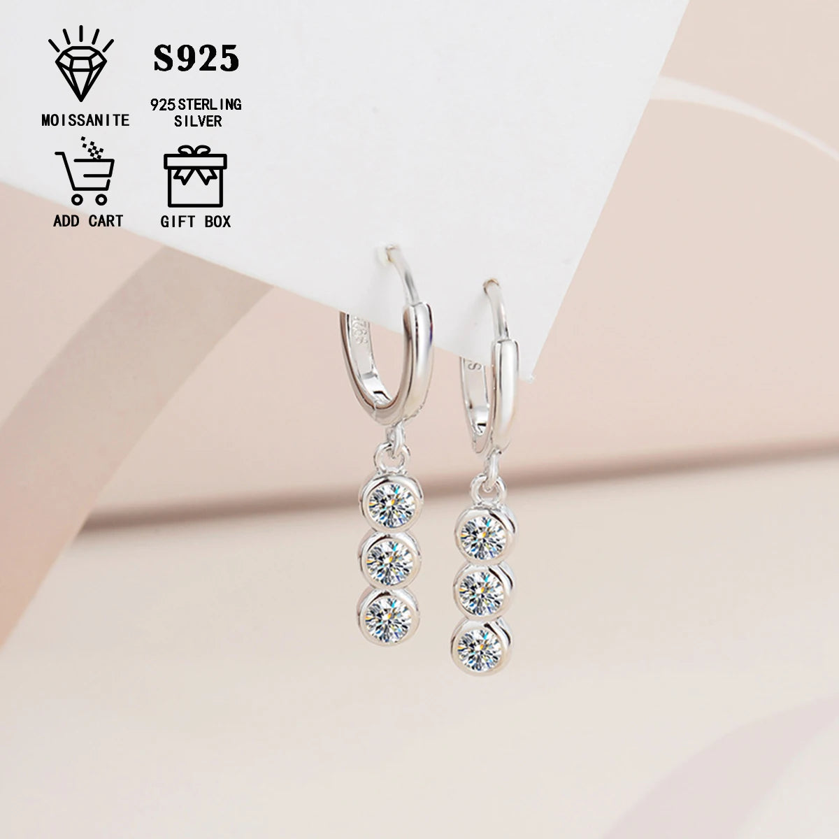 Three-Stone Moissanite Hoop Drop Earrings in Sterling Silver — Three-stone hoop drop earrings — BandsCo Straps