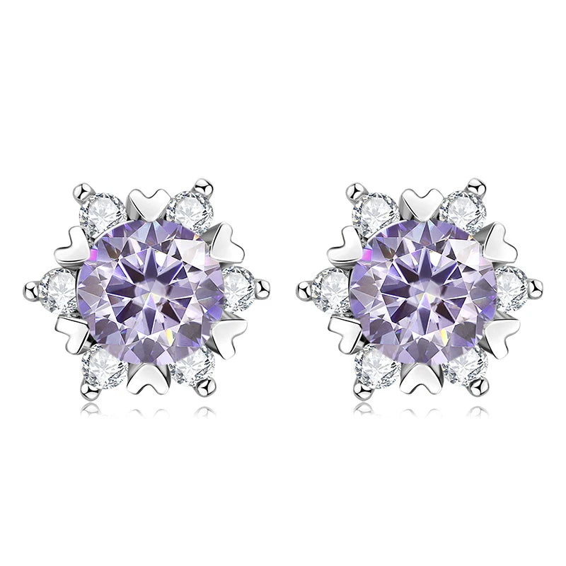 Colored Snowflake Moissanite Stud Earrings in Sterling Silver - Light purple centers