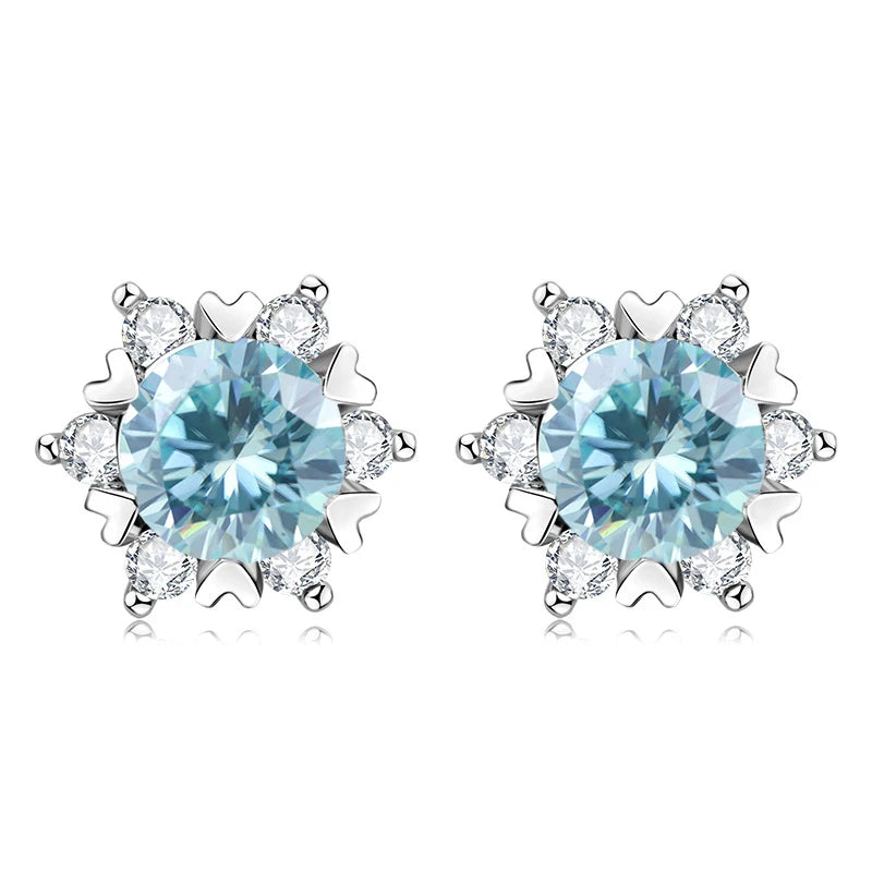 Colored Snowflake Moissanite Stud Earrings in Sterling Silver - Blue centers