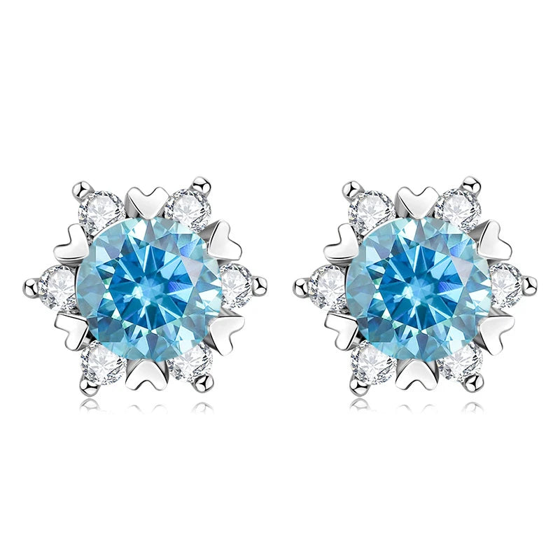Colored Snowflake Moissanite Stud Earrings in Sterling Silver - Sea blue centers