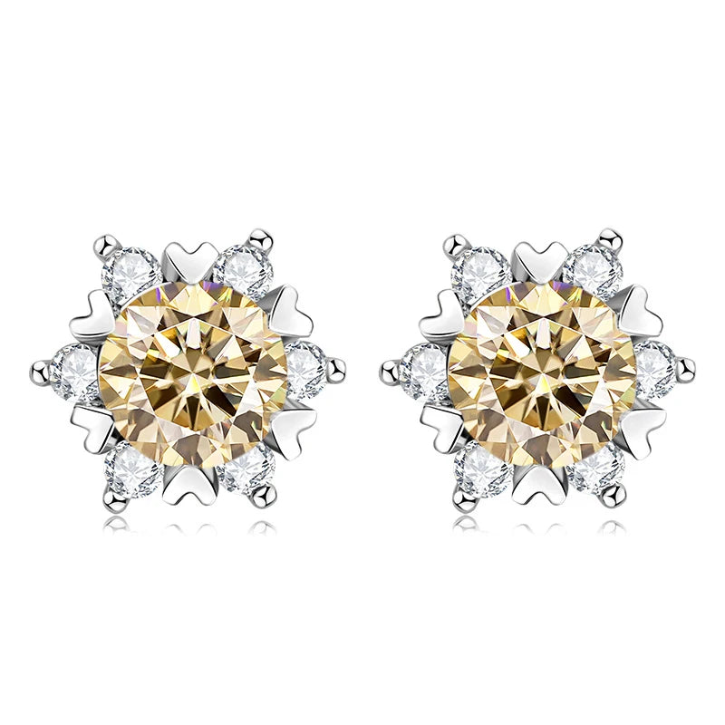 Colored Snowflake Moissanite Stud Earrings in Sterling Silver - Light yellow centers