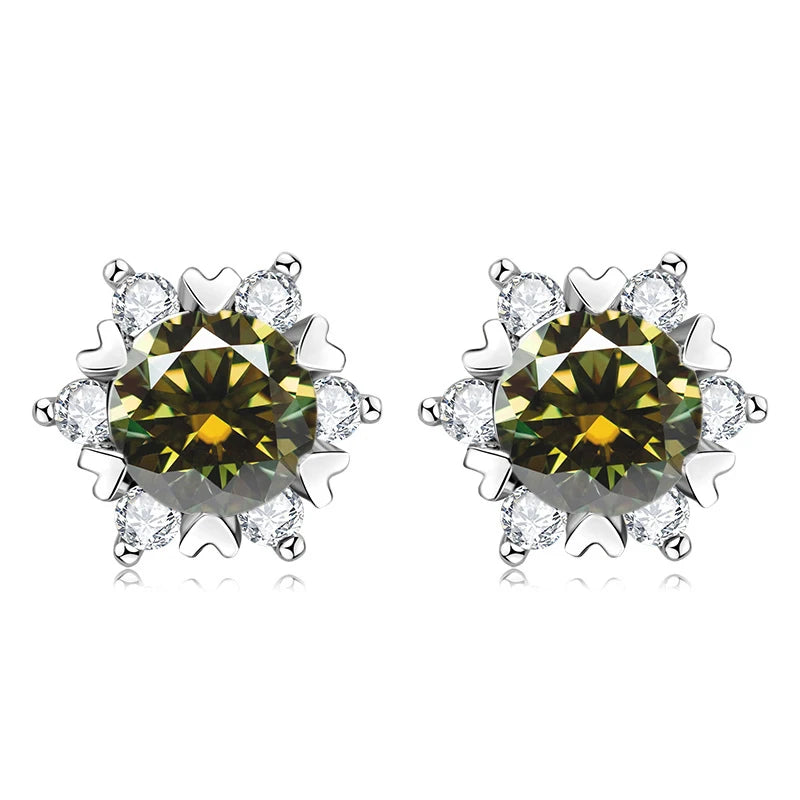 Colored Snowflake Moissanite Stud Earrings in Sterling Silver - Yellow green centers