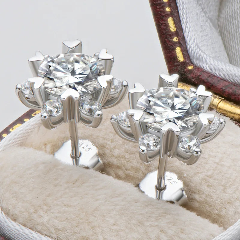 Colored Snowflake Moissanite Stud Earrings in Sterling Silver - Side settings in box