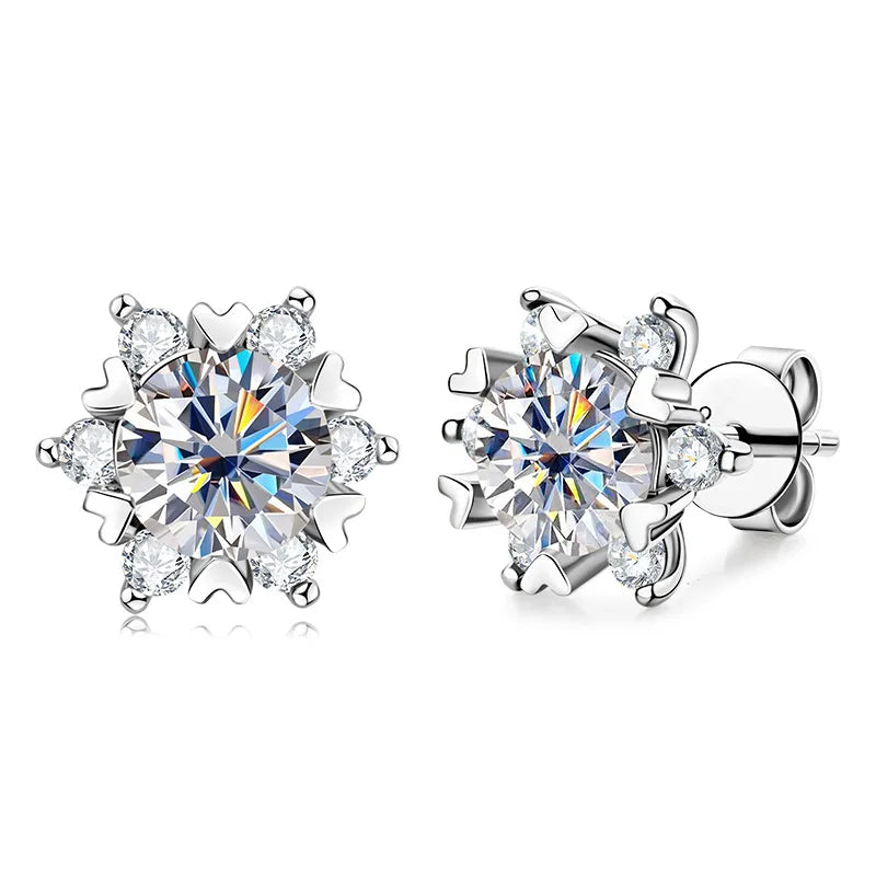 Colored Snowflake Moissanite Stud Earrings in Sterling Silver - Snowflake stud front and side