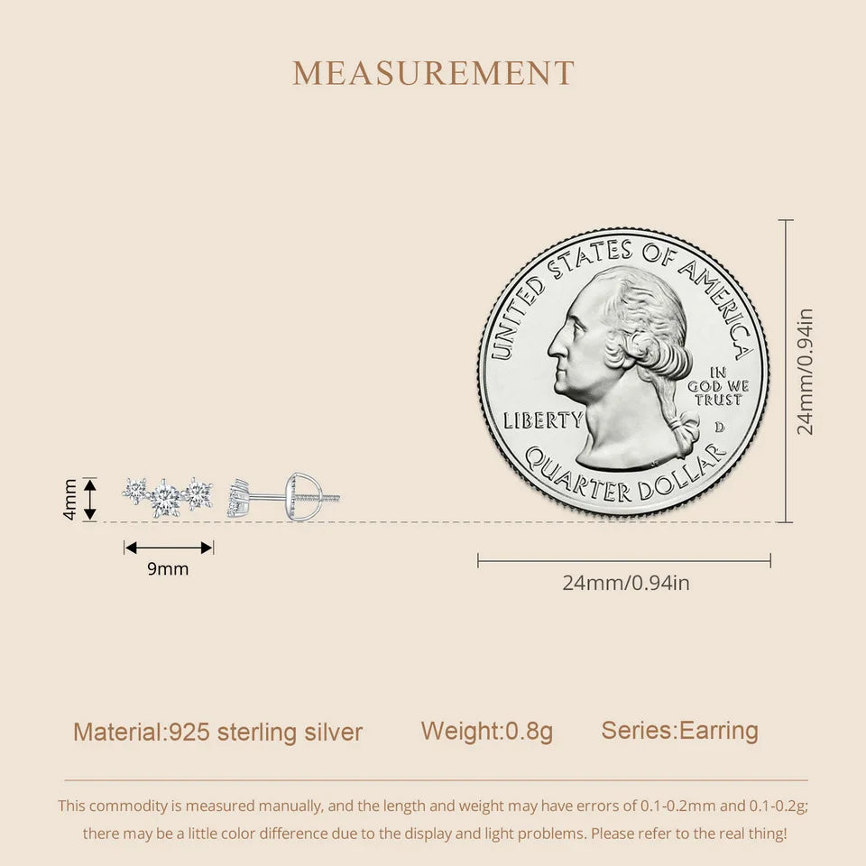 Three-Star Moissanite Screw-Back Stud Earrings - Scale comparison with coin