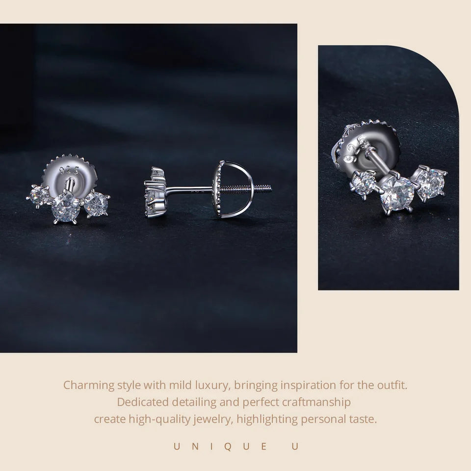 Three-Star Moissanite Screw-Back Stud Earrings - Side view and screw backs