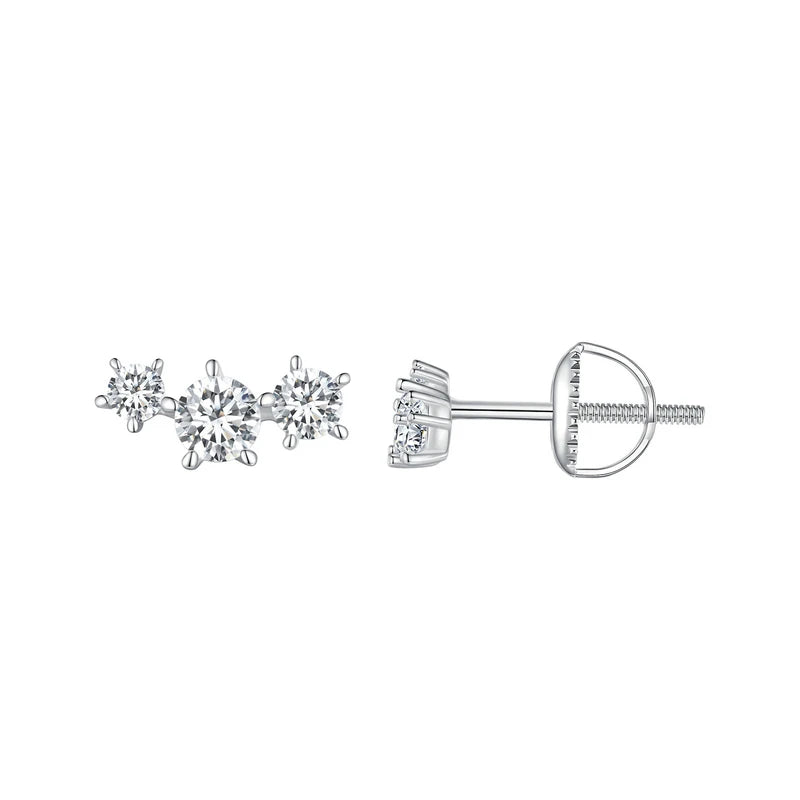 Three-Star Moissanite Screw-Back Stud Earrings - Front and threaded post views