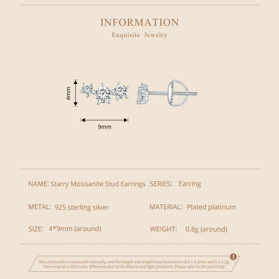 Three-Star Moissanite Screw-Back Stud Earrings - Star design dimensions