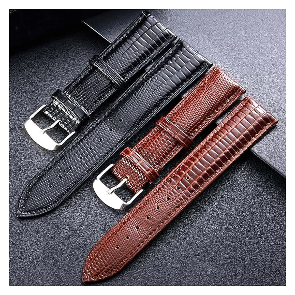TicWatch Pro 5, Pro 3 & E3 Lizard-Embossed Leather Buckle Band - photographed band and color options