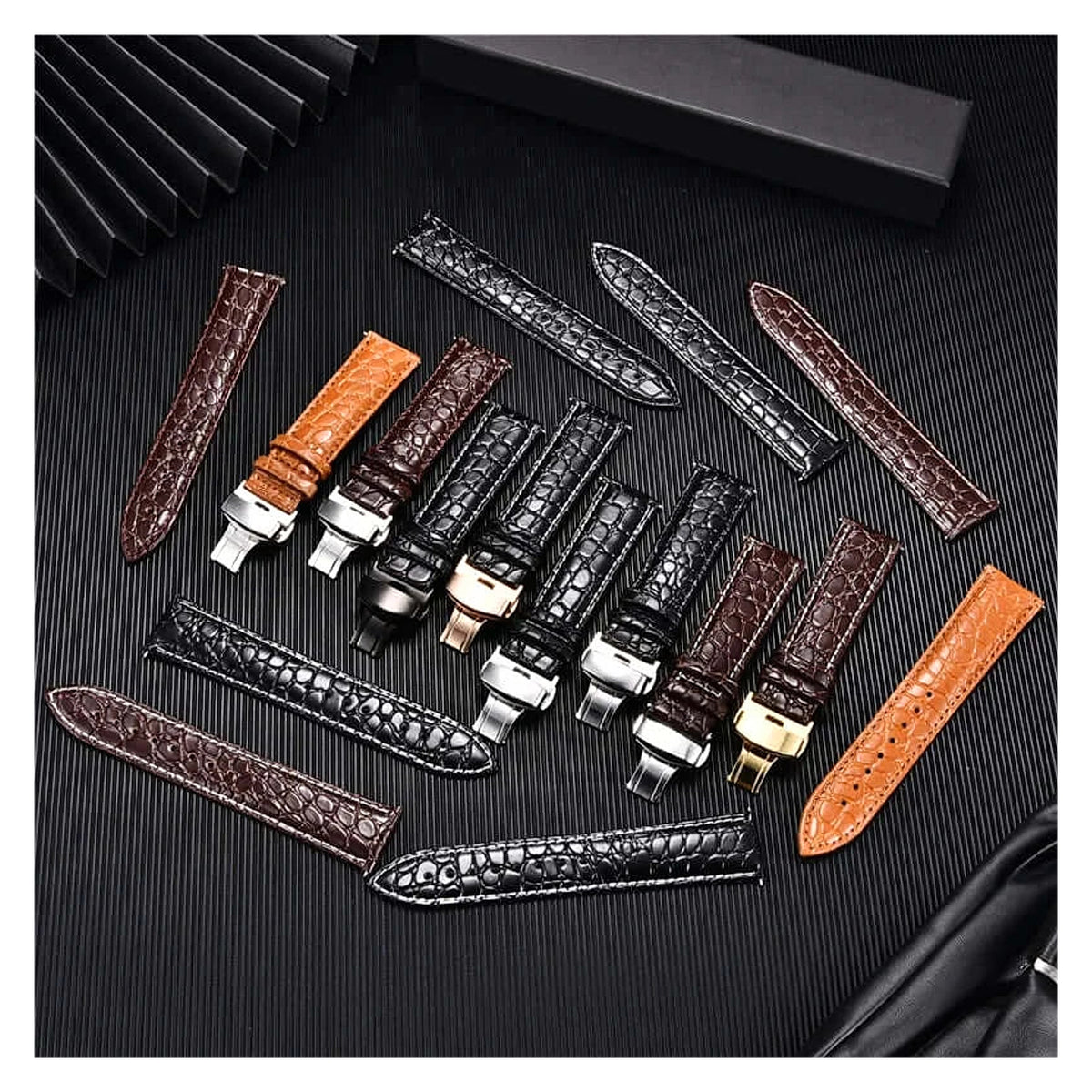 TicWatch Pro 5, Pro 3 & E3 Crocodile-Pattern Leather Clasp Band - photographed band and color options