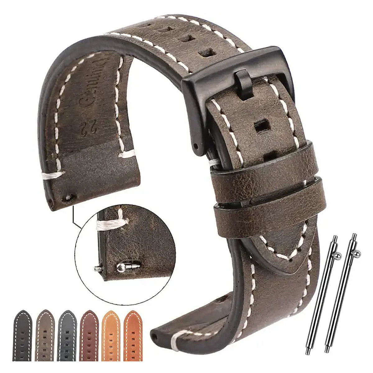 TicWatch Pro 5, Pro 3 & E3 Contrast-Stitched Leather Buckle Band - photographed band and color options