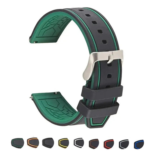 TicWatch two-tone black and green silicone band with nine photographed color previews