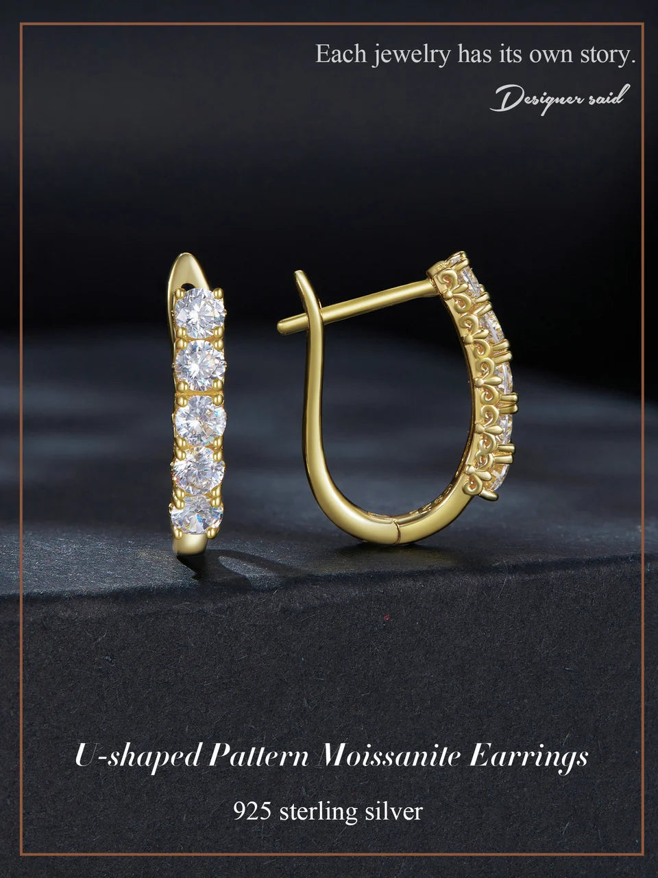 Five-Stone U-Shaped Moissanite Hoop Earrings in Silver - Gold-tone hoop profile
