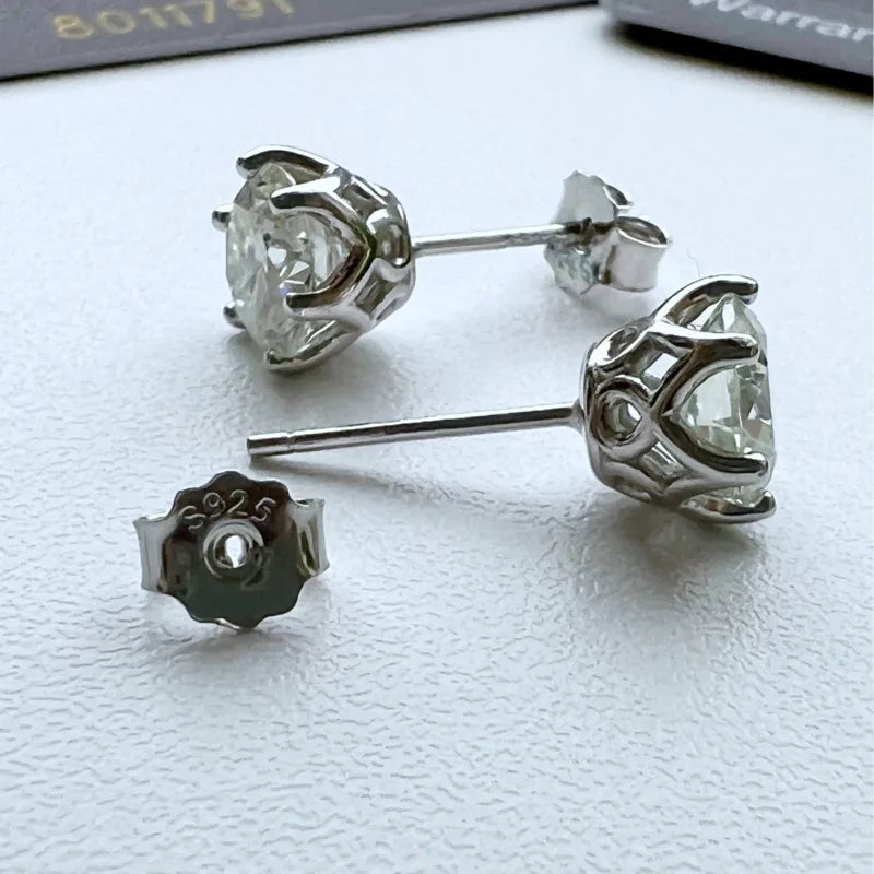 Colored Round Moissanite Stud Earrings in Sterling Silver - silver basket and butterfly backs
