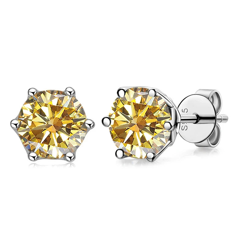 Colored Round Moissanite Stud Earrings in Sterling Silver - golden yellow stones