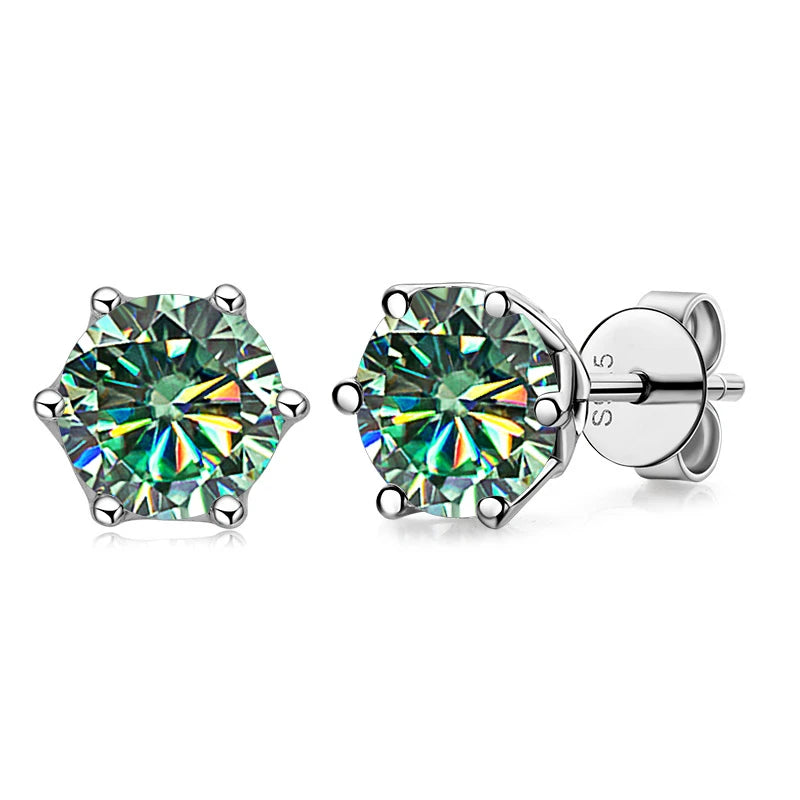 Colored Round Moissanite Stud Earrings in Sterling Silver - blue green stones