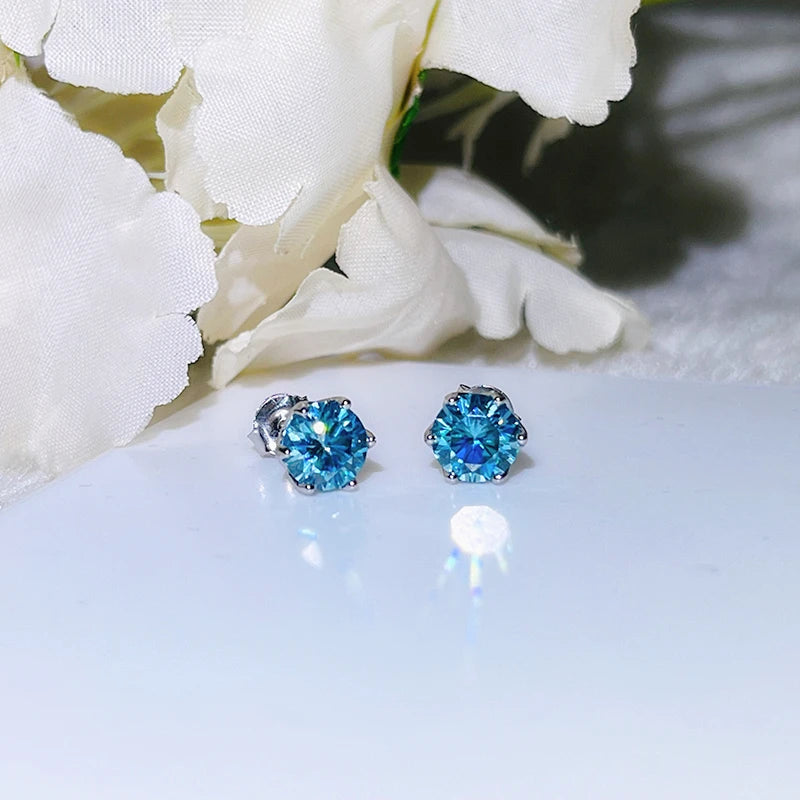 Colored Round Moissanite Stud Earrings in Sterling Silver - blue pair on white