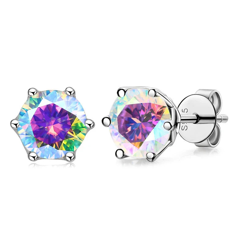 Colored Round Moissanite Stud Earrings in Sterling Silver - iridescent stone close-up