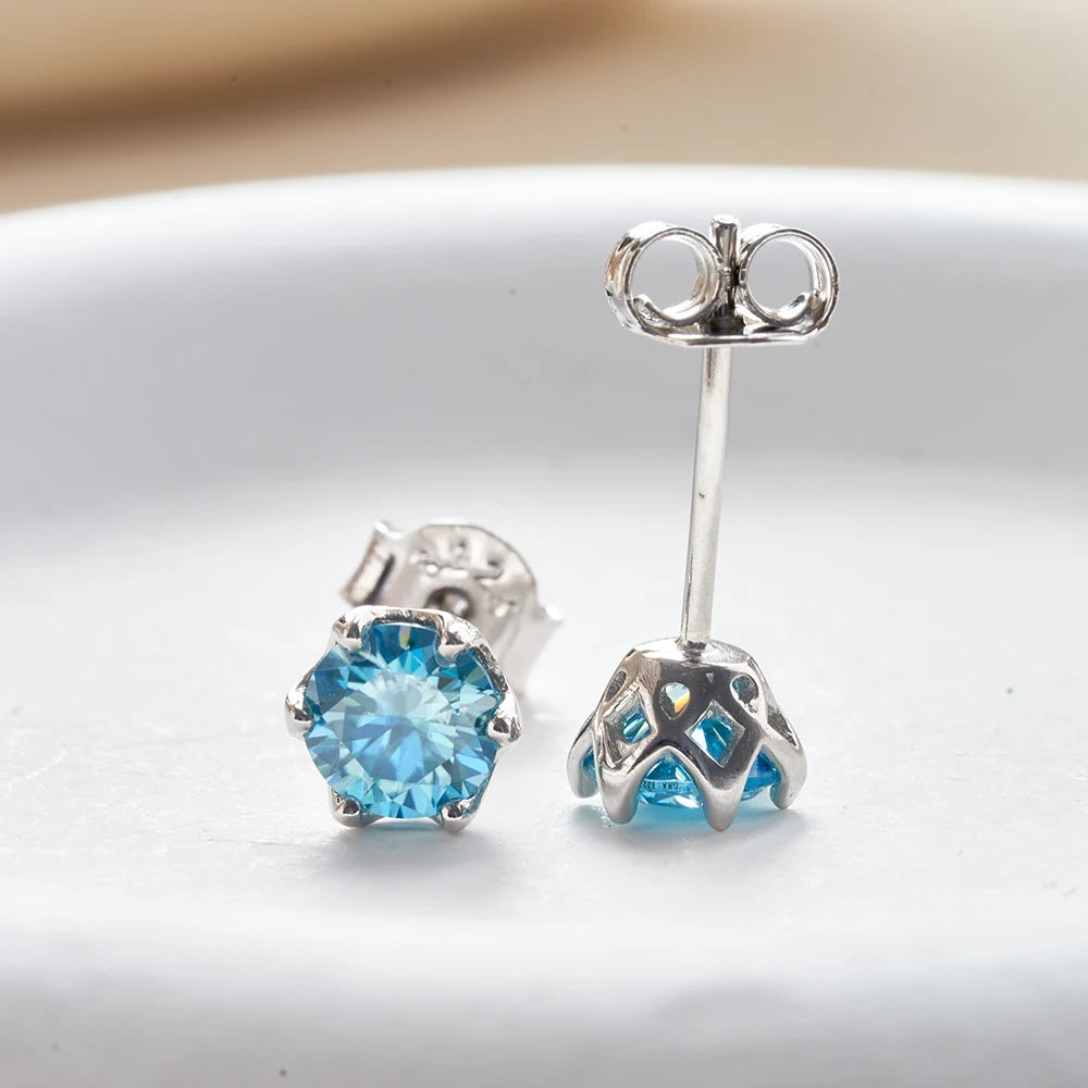 Colored Round Moissanite Stud Earrings in Sterling Silver - blue basket setting