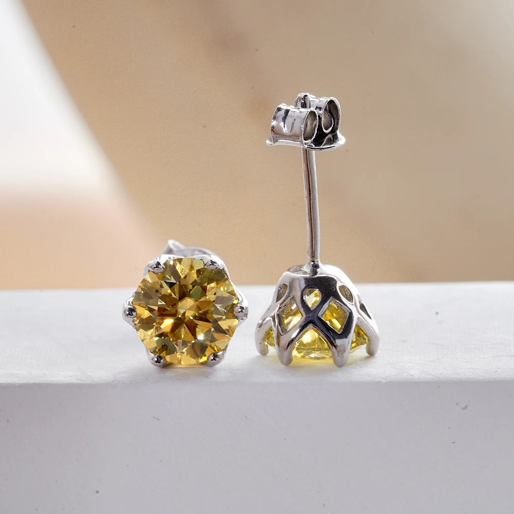 Colored Round Moissanite Stud Earrings in Sterling Silver - yellow studs side view