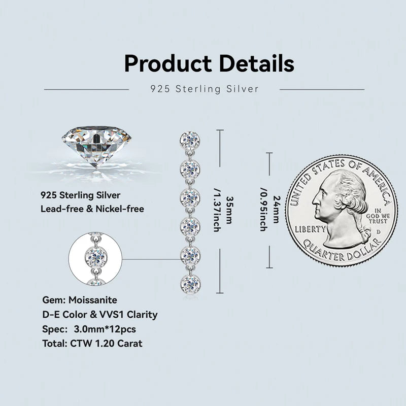 Six-Stone Moissanite Line Drop Earrings in Sterling Silver — 35mm length and 3mm stone specifications