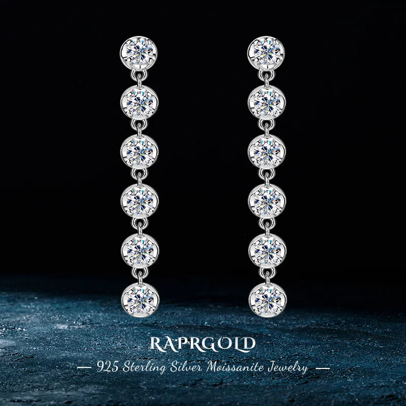 Six-Stone Moissanite Line Drop Earrings in Sterling Silver — Silver linked round stones