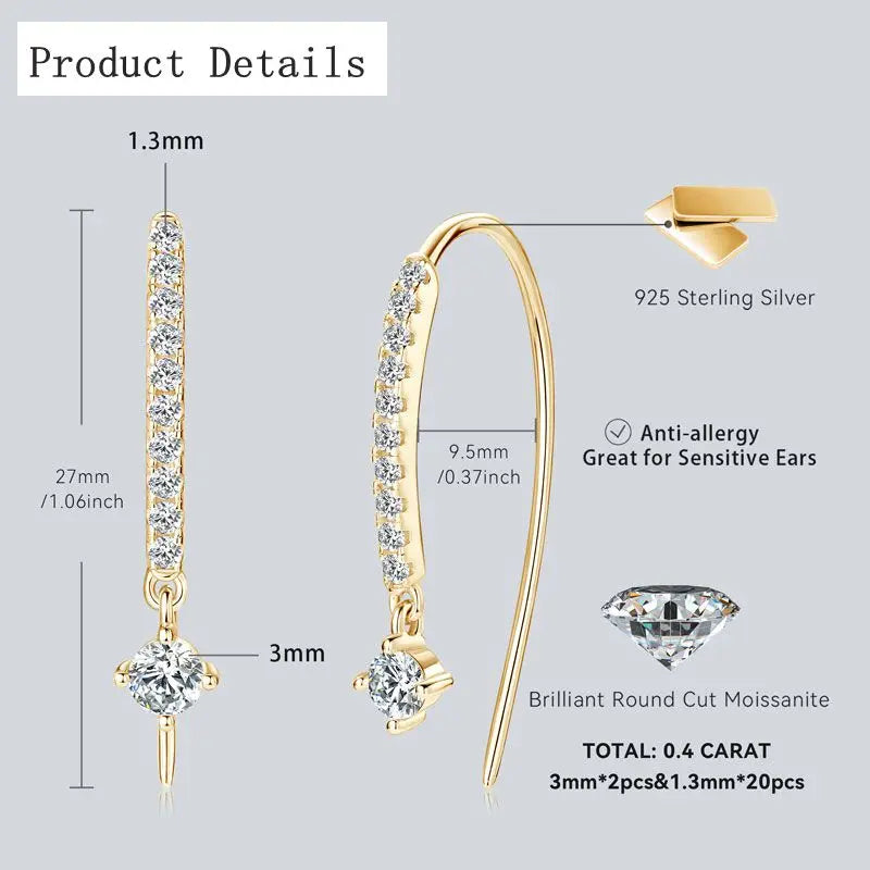 Moissanite Curved Threader Drop Earrings in Sterling Silver — Dimensions and stone layout