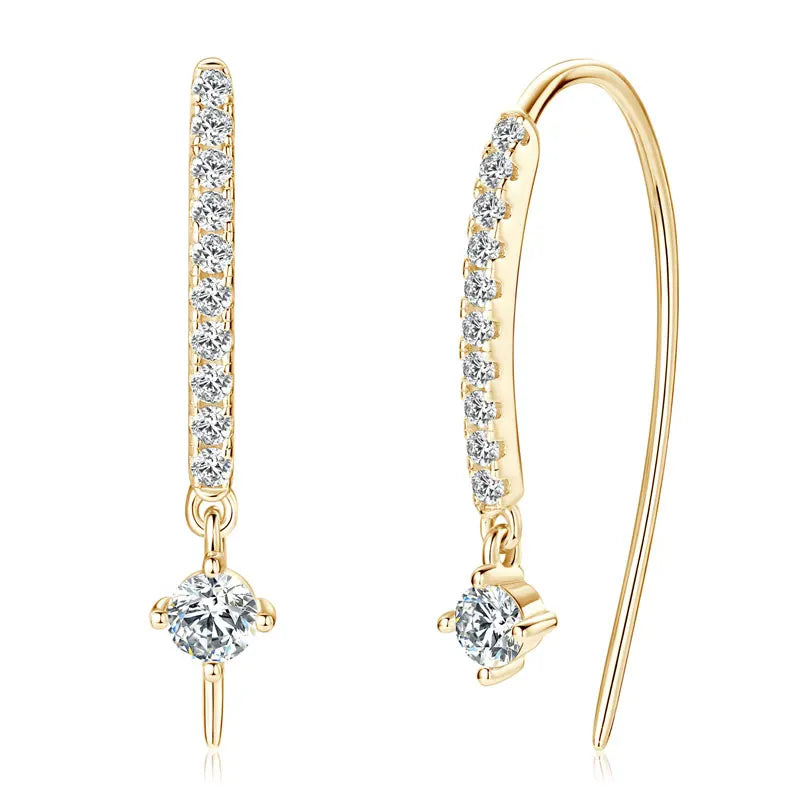 Moissanite Curved Threader Drop Earrings in Sterling Silver — Gold-tone front